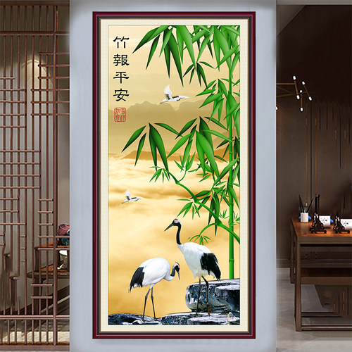 竹报平安壁画背胶中式山水自粘客厅竖版墙纸入户玄关装饰画九鱼图