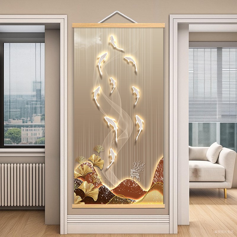 石来运转麋鹿玄关挂画家和一帆风顺新中式入户家居过道客厅装饰画