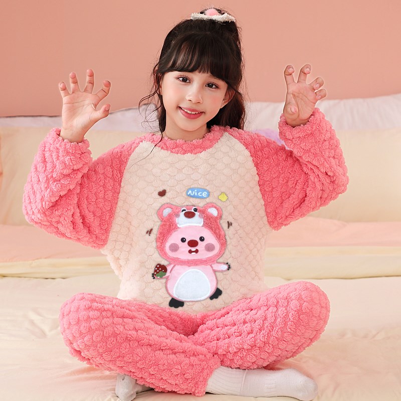 女童睡衣秋冬季珊瑚绒加绒加厚儿童宝宝法兰绒家居服大童女孩套装