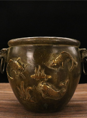 纯铜年年有余缸 铜缸办公桌书房聚宝盆摆件乔迁礼品装饰