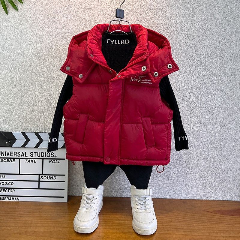 男女童羽绒棉马甲秋冬2024新款洋气男孩冬季保暖连帽加厚红色背心