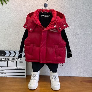 男女童羽绒棉马甲秋冬2024新款洋气男孩冬季保暖连帽加厚红色背心