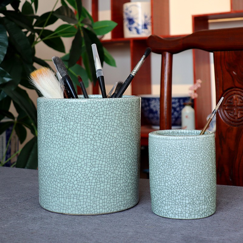 复古水培干花裂纹釉小花瓶陶瓷笔筒仿古瓷器毛笔画笔收纳书房摆件