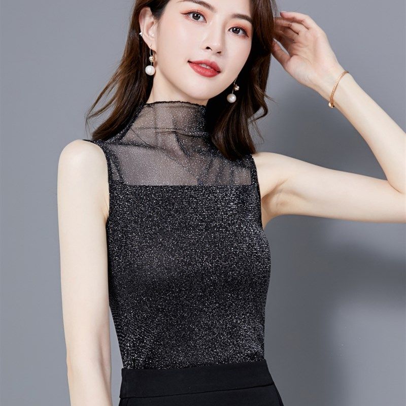 半高领打底衫紧身内搭上衣蕾丝t恤薄2022春夏网纱无袖背心女亮丝,女装/女士精品,背心吊带,淘宝优惠券,粉丝福利购,淘宝优惠卷