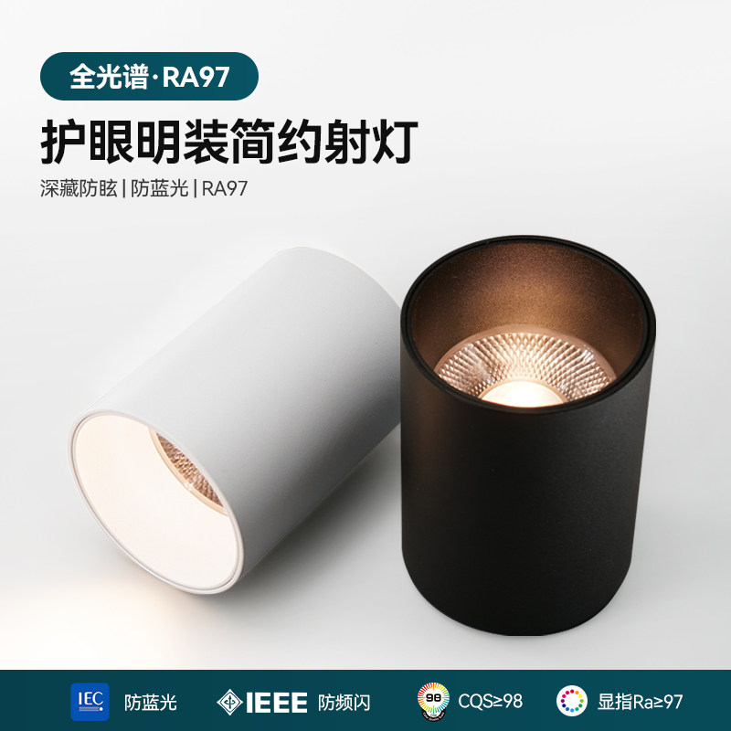 护眼明装射灯COB透镜全光谱防眩饭厅圆形式玄关走道黑白色天花板