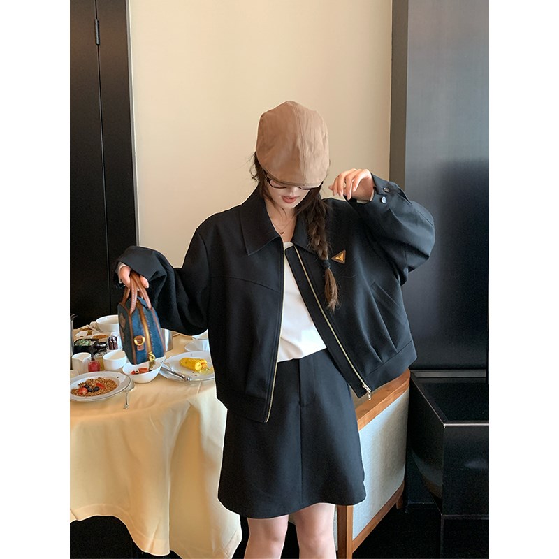 NAZ那子大码早秋新款微胖复古休闲夹克外套胖mm长短裙设计感套装