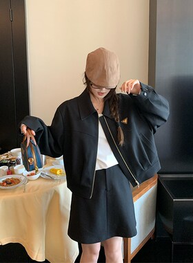 NAZ那子大码早秋新款微胖复古休闲夹克外套胖mm长短裙设计感套装