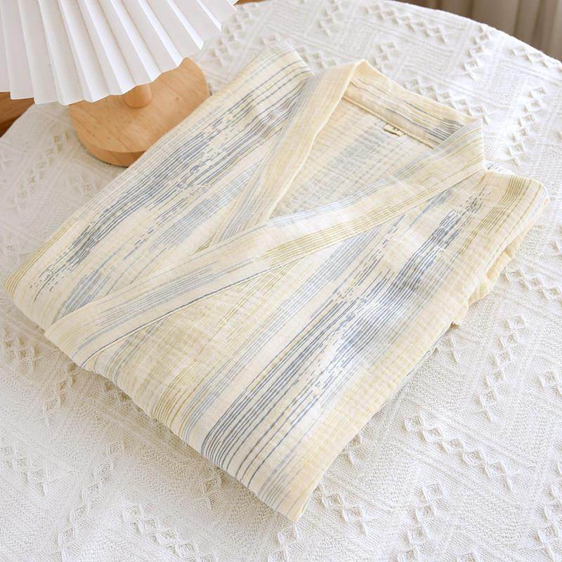 古风汉服睡袍女款春秋夏季睡裙纯棉麻双层绉布纱布中长版浴袍系带