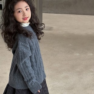 儿童毛衣2023新款秋冬女童针织打底衫加厚粗针麻花冬季保暖上衣潮