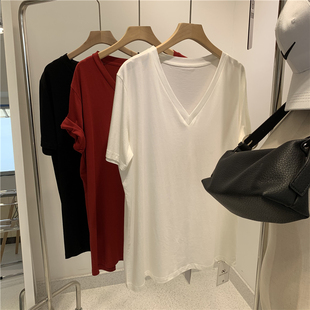 白色t恤女2020夏季 基础百搭宽松复古酒红显白显瘦v领上衣薄 净版
