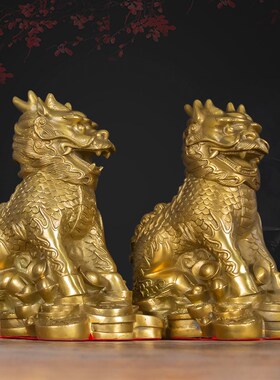 纯铜护宝麒麟摆件一对大小号铜麒麟客厅电视柜乔迁开业家居装饰品
