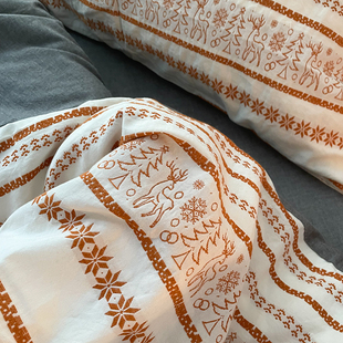 林深时见鹿 复古棕桔花纹大提花纯棉水洗棉四件套纯棉被套1.8床笠