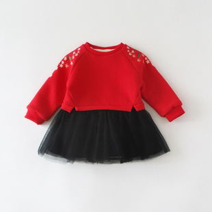 小女童宝宝红色连衣裙冬季婴儿童秋冬装公主卫衣服裙子洋气加绒厚