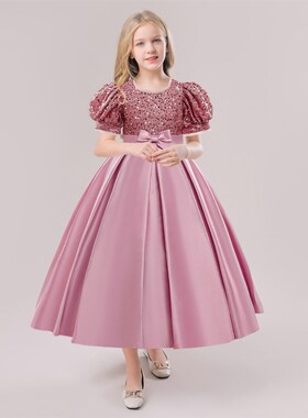 女童锻布亮片公主礼服儿童红色洋气蓬蓬长裙走秀连衣裙钢琴演出服