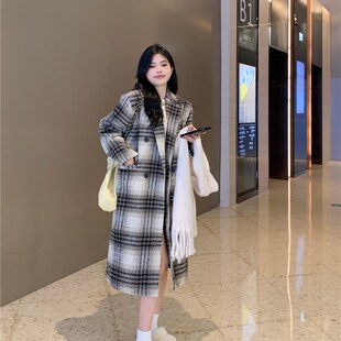 小矮个子150宽松复古百搭格子毛呢大衣中长款 夹棉加厚外套女xs码