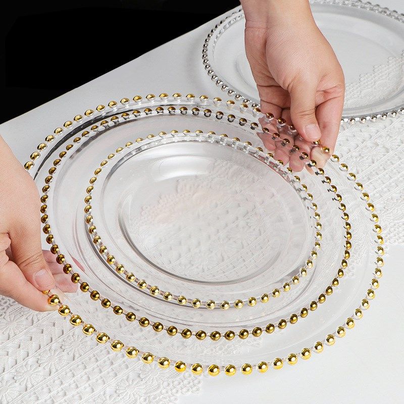 欧式金边玻璃珠点盘珍珠盘西餐金边盘沙拉盘西餐宴会摆盘婚庆盘子