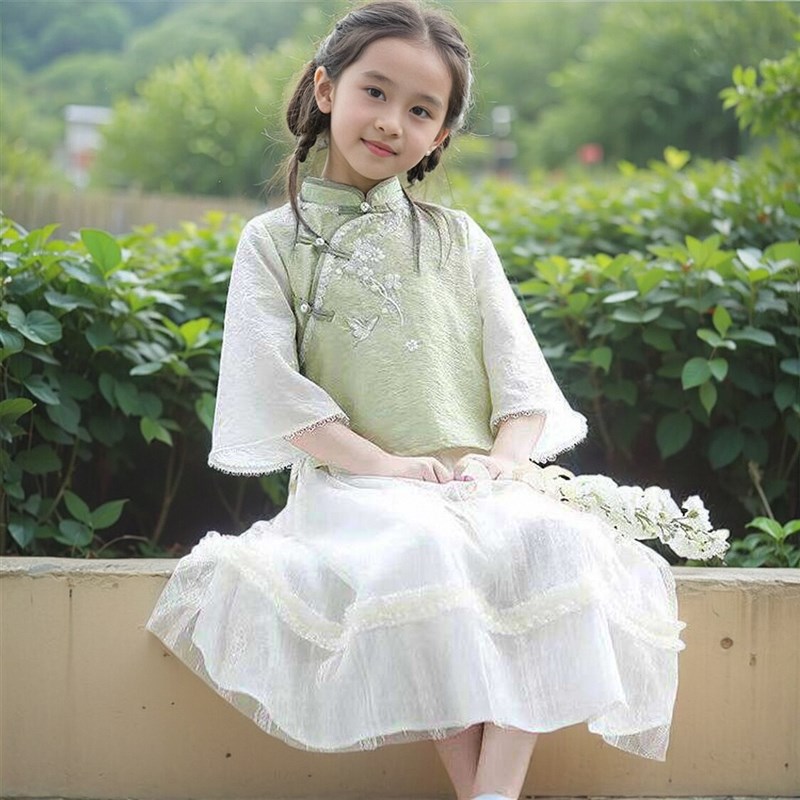 汉服女童新中式国风旗袍裙民国舞蹈服七分袖斜襟儿童假两件马甲