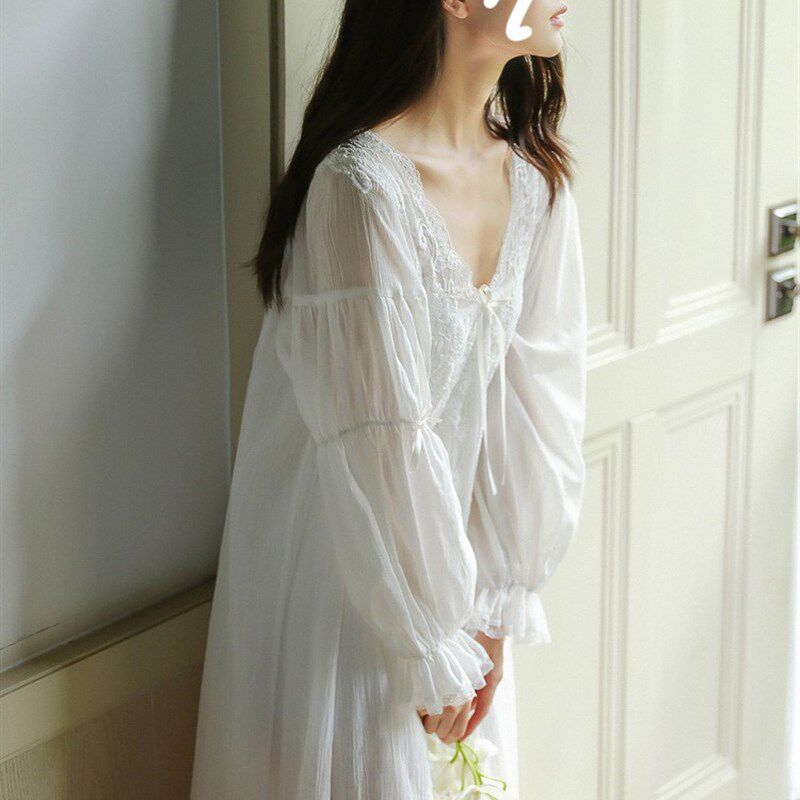 复古公主风长袖纯棉睡裙少女长版宽松宫廷可外穿甜美睡衣女家居服