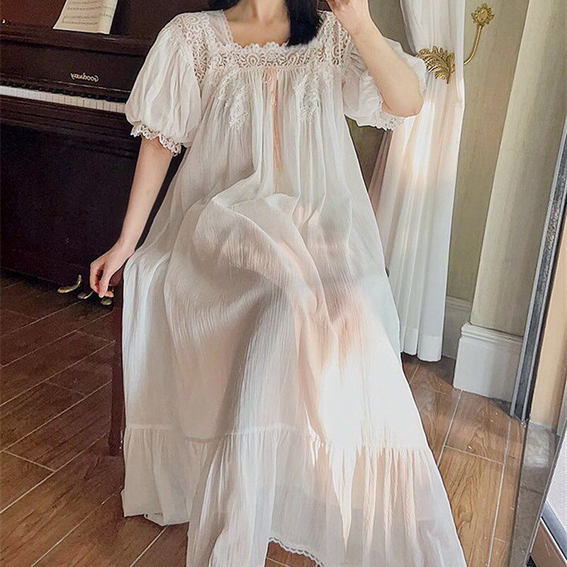 法式复古宫廷风纯棉睡裙甜美方领蕾丝长裙可外穿宽松短袖睡衣女夏