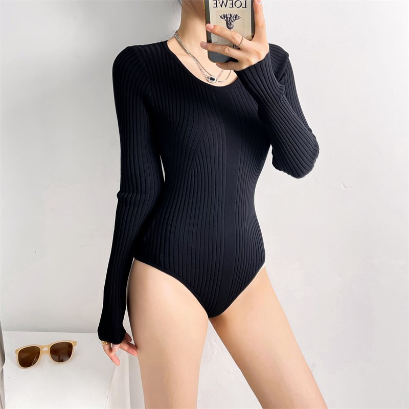 2024冬装欧美修身圆领针织连体衣女内搭显瘦长袖连身上衣打底毛衣