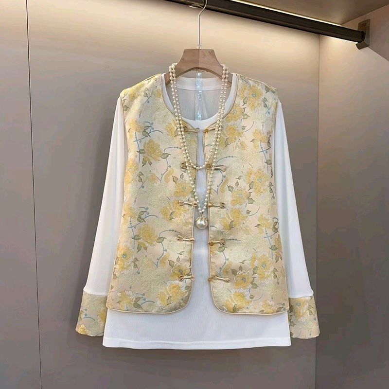 大码女装盘扣花朵国风马甲拼色袖口打底衫胖妹妹复古风时尚两件套,女装/女士精品,大码套装,淘宝优惠券,粉丝福利购,淘宝优惠卷