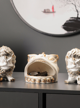 陶瓷新中式狮子一对客厅电视柜玄关摆件招财家居装饰品收纳放钥匙