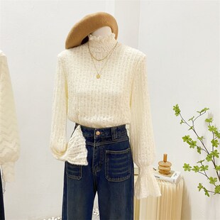 加绒加厚半高领蕾丝衫2024秋冬气质内搭打底衫洋气喇叭袖小衫上衣