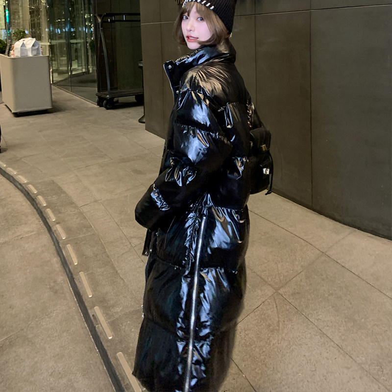 黑色亮面显瘦羽绒棉服女中长款加厚棉衣冬季侧拉链宽松面包服外套