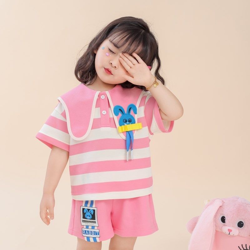 女童翻领小兔子条纹T恤夏季2025年新款儿童洋气女宝宝短袖上衣潮,童装/婴儿装/亲子装,T恤,淘宝优惠券,粉丝福利购,淘宝优惠卷