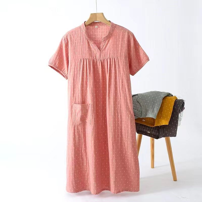 日式小V领短袖女睡裙纯棉夏薄款家居裙纱布水洗棉中长款吸汗透气,女士内衣/男士内衣/家居服,睡袍/浴袍,淘宝优惠券,粉丝福利购,淘宝优惠卷