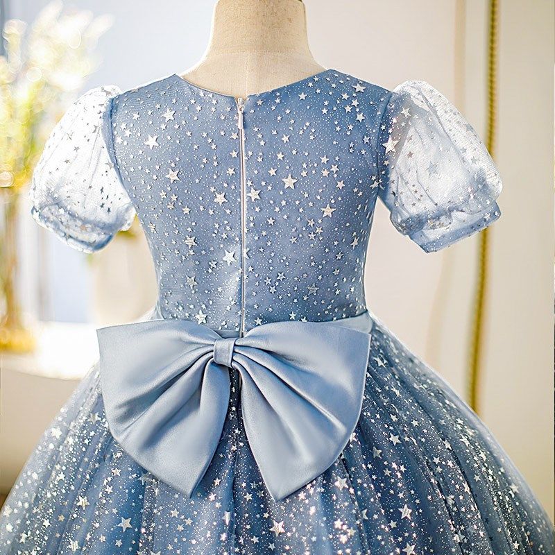 女童蓝色礼服儿童钢琴演奏演出服公主裙小女孩生日花童婚礼晚礼服