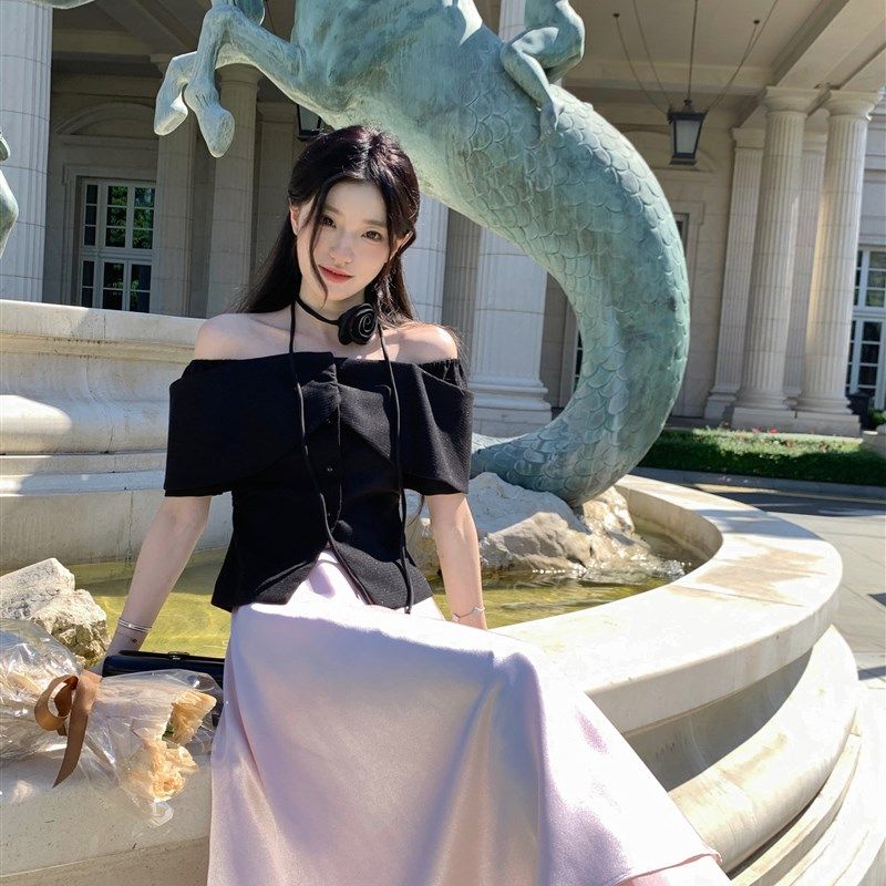 YYW汪澜的妹妹  韩剧女主~黑色廓形露肩上衣粉色缎面半身裙套装,女装/女士精品,时尚套装,淘宝优惠券,粉丝福利购,淘宝优惠卷