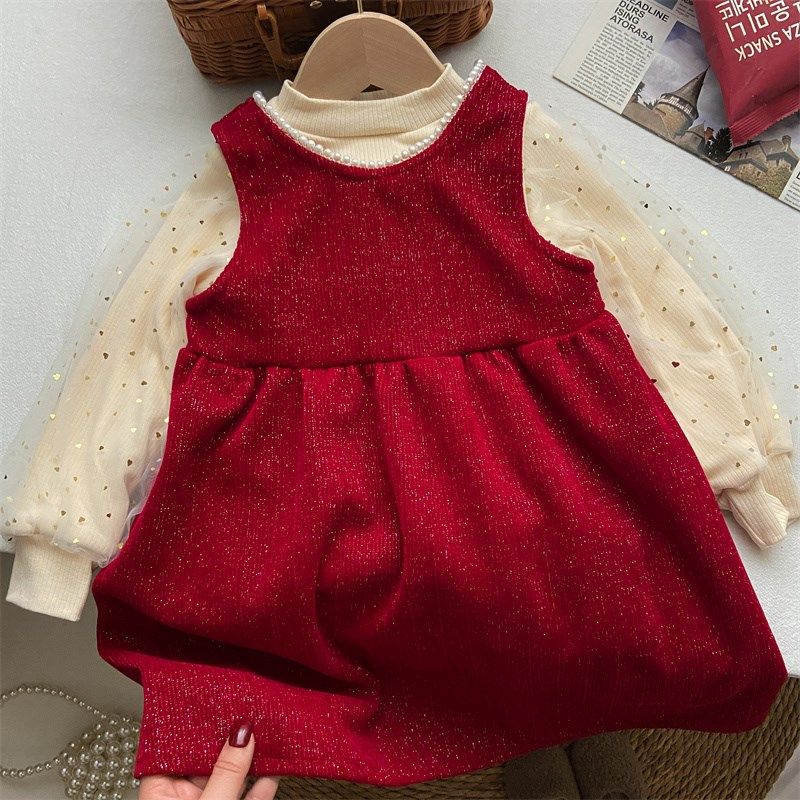 女童冬装新款冬季套装甜美风红色连衣裙加绒公主背心裙儿童新年装