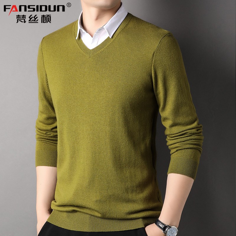 男士羊毛衫白色衬衫领V领假两件针织打底衫春秋季薄款带假领毛衣