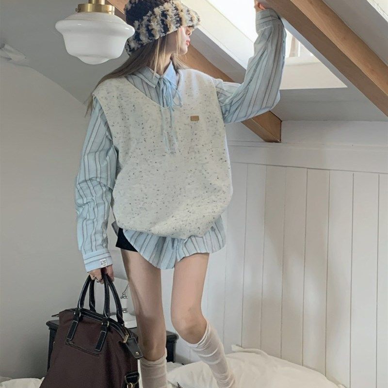 【两件式套装】秋季新款女学院风毛衣条纹长袖衬衫叠穿针织马甲背