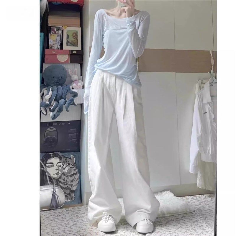 白色高腰褶皱阔腿牛仔裤女春季2025新款宽松垂感直筒裤子日常百搭,女装/女士精品,牛仔裤,淘宝优惠券,粉丝福利购,淘宝优惠卷