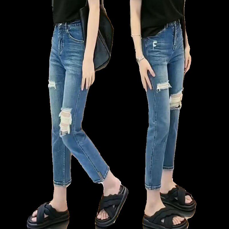 女装2024夏季薄款高腰弹力破洞牛仔裤女大码胖妹妹mm显瘦烟管裤子,女装/女士精品,大码裤装,淘宝优惠券,粉丝福利购,淘宝优惠卷