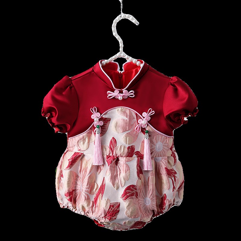 一周岁女宝宝礼服冠衣新中式旗袍国风百日儿童抓周宴衣服粉色夏季