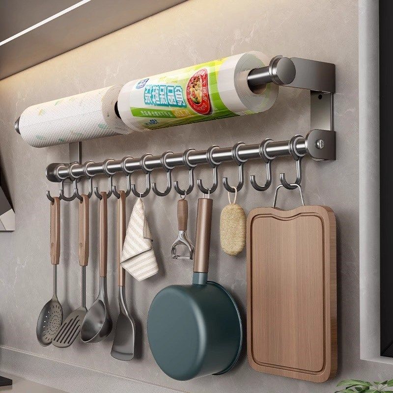 不锈钢厨房挂钩免打孔置物架壁挂多功能厨具挂杆家用勺子铲子收纳