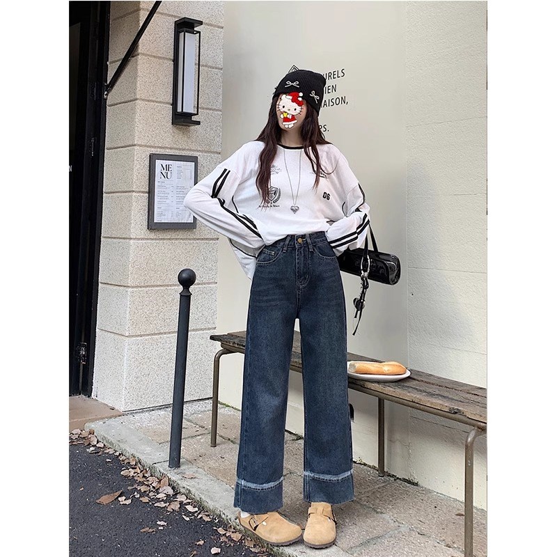 小吉家大码女装阔腿牛仔裤女秋季新款高腰窄版宽松显瘦直筒九分裤