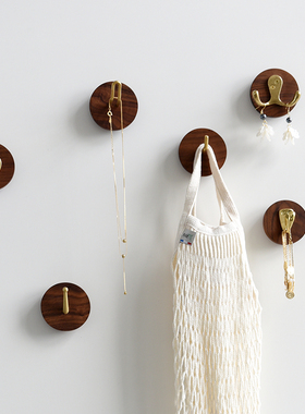 CHONG翀 入户挂钩装饰玄关北欧黄铜实木圆形壁挂墙面墙上进门收纳