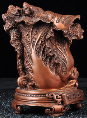 紫铜百财聚来笔筒摆件创意文房四宝摆设家居客厅书房办公室装饰品