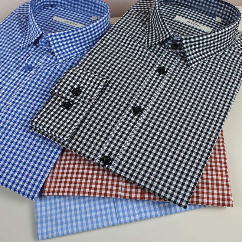 小格子衬衫男长袖红色蓝色黑白衬衣男生纯棉全男士装细休闲清新款