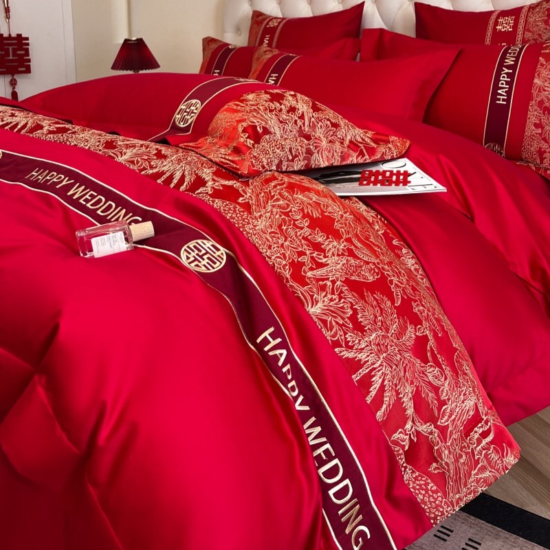 高档中式婚庆四件套大红色新婚床单被套纯棉结婚床上用品婚房喜被