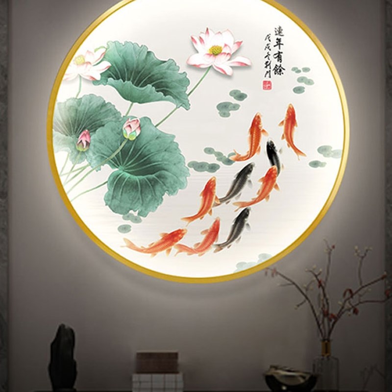 定制通体壁画发光带灯装饰画新中式圆形客厅入户挂画玄关LED灯箱图片