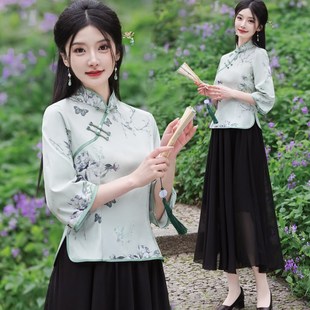 茶艺师旗袍禅意女装采耳服装中国风工作服汉服改良版旗袍套装夏