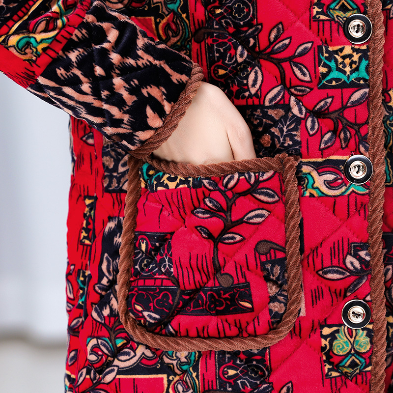 中老年女装冬季加绒棉衣水晶绒中长款保暖外套妈妈装加厚棉服罩衣