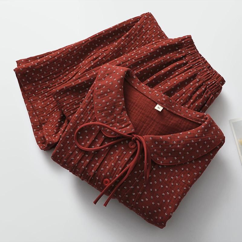 红色碎花娃娃领睡衣女生纯棉纱薄款蝴蝶结长袖长裤开衫家居睡眠服,女士内衣/男士内衣/家居服,睡衣/家居服套装,淘宝优惠券,粉丝福利购,淘宝优惠卷