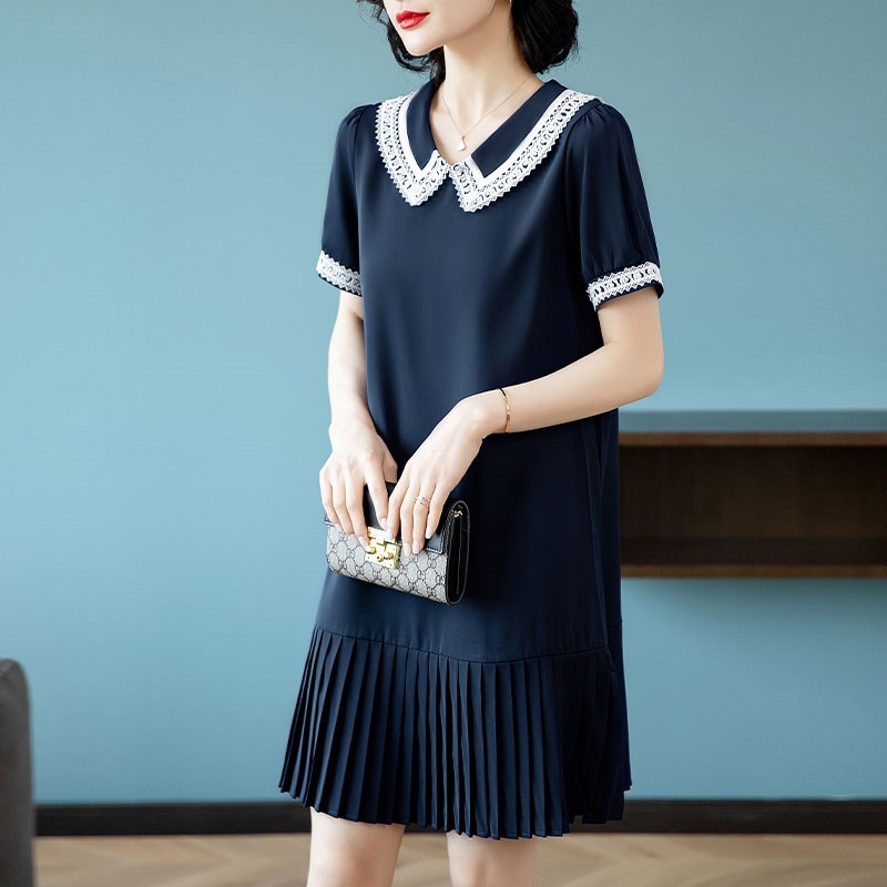 法式短袖娃娃领连衣裙2025年夏季新款复古气质中长款裙女大码女装
