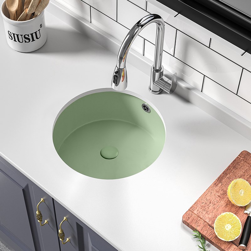 浅绿色正圆陶瓷平底洗碗池大单槽洗手池嵌入式台下盆面盆菜盆水槽